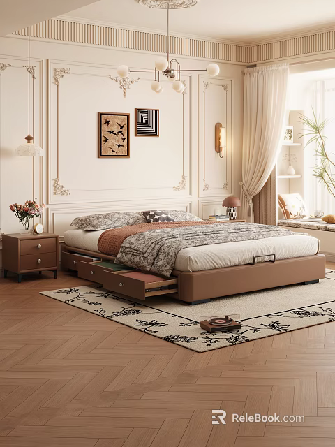 Elegant Bedroom Interior with Brown Leather Bed Storage Drawers Nightstand Vase Flowers and Decorative Paintings 3d model 