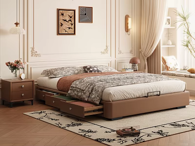 Elegant Bedroom Interior with Brown Leather Bed Storage Drawers Nightstand Vase Flowers and Decorative Paintings 3d model