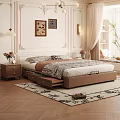 Elegant Bedroom Interior with Brown Leather Bed Storage Drawers Nightstand Vase Flowers and Decorative Paintings