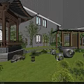 Chinese Style Garden Pavilion With Wooden Structure Green Plants And Stone Furniture In Courtyard