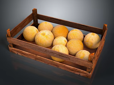 Fresh Ripe Cantaloupes Stored In Wooden Crate For Home Storage Use 3d model