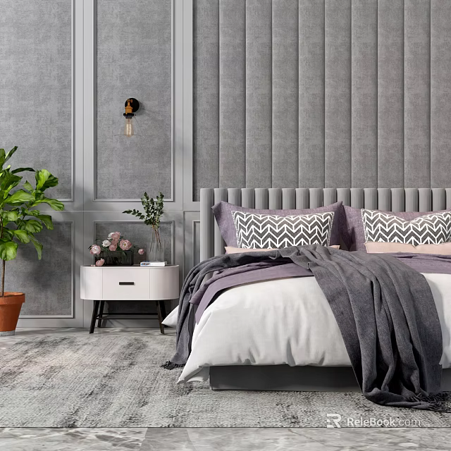 Double Bed With Grey Tufted Headboard Purple Throw And Geometric Pillows 3d model