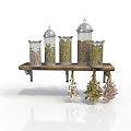 Wooden Shelf With Glass Jars Containing Spices And Hanging Dried Herb Bundles