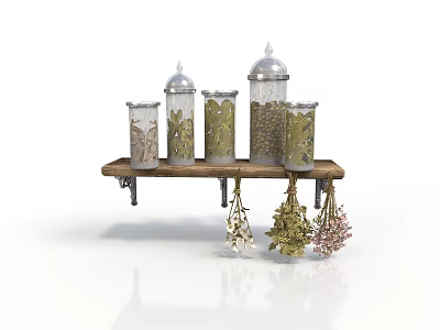 Wooden Shelf With Glass Jars Containing Spices And Hanging Dried Herb Bundles 3d model