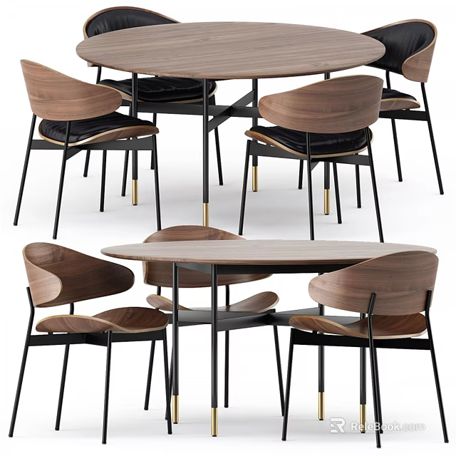 Modern Walnut Dining Table Set with Upholstered Chairs and Metal Legs 3d model