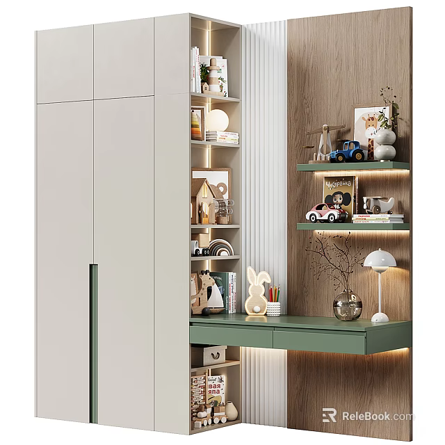 Modern Bookcase With Wooden Wall White Cabinets Decorative Toys Figurines Table Lamp And Potted Plant 3d model 