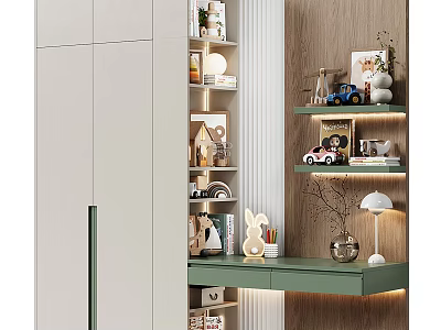 Modern Bookcase With Wooden Wall White Cabinets Decorative Toys Figurines Table Lamp And Potted Plant 3d model
