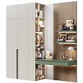 Modern Bookcase With Wooden Wall White Cabinets Decorative Toys Figurines Table Lamp And Potted Plant