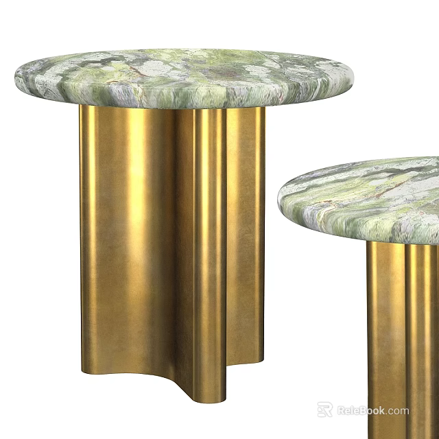 Stylish Two Small Tables With Green Marble Tops And Gold Cylindrical Legs 3d model 