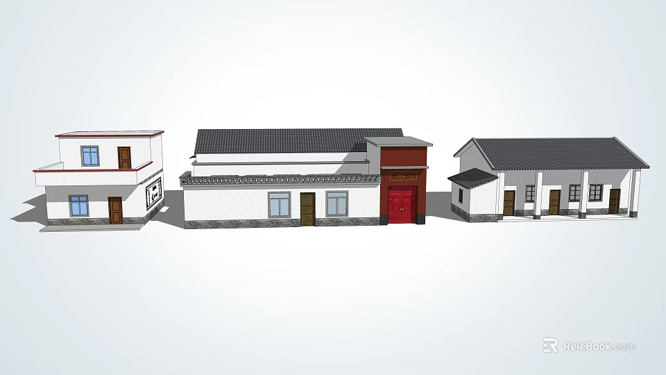 Traditional Modern House Exterior Styles With White Walls Black Roof Red Door And Brown Doors 3d model 