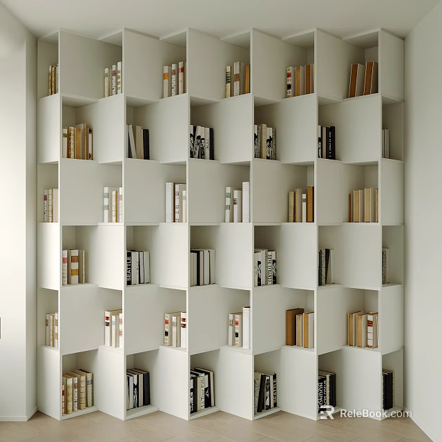 White Modern Bookcase with Open Shelves Filled with Various Books for Home Library 3d model 