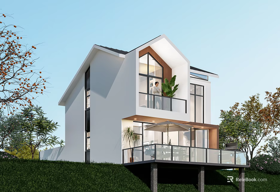 Modern Single Family House with White Exterior Large Windows Balcony and Lush Lawn 3d model 