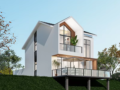 Modern Single Family House with White Exterior Large Windows Balcony and Lush Lawn 3d model