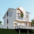 Modern Single Family House with White Exterior Large Windows Balcony and Lush Lawn