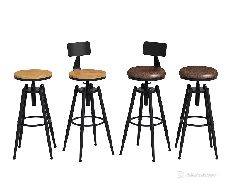 Modern Bar Stools With Wooden Seats And Black Metal Backrest Frames 3d model 
