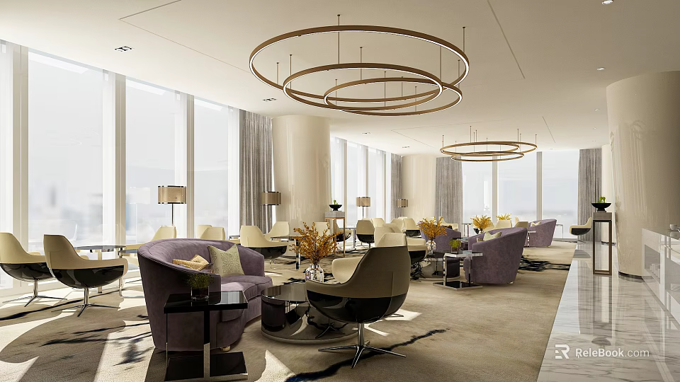 Modern Sales Office Elegant Interior With Large Windows Circular Chandeliers And Purple Beige Sofas 3d model 