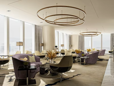 Modern Sales Office Elegant Interior With Large Windows Circular Chandeliers And Purple Beige Sofas 3d model