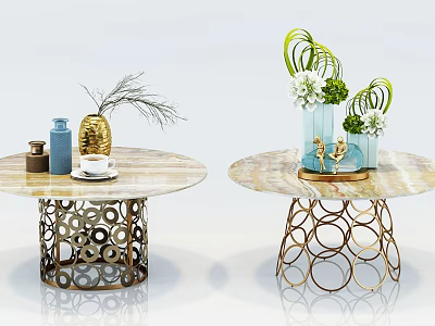 Elegant Round Coffee Table With Marble Top Golden Hollowed Legs And Decorative Vases 3d model