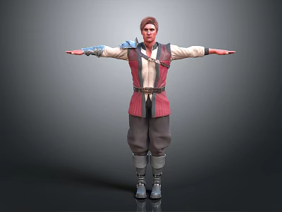 Male 3D Character In Red Beige Outfit With Shoulder Armor Standing Arms Outstretched 3d model