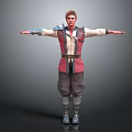 Male 3D Character In Red Beige Outfit With Shoulder Armor Standing Arms Outstretched
