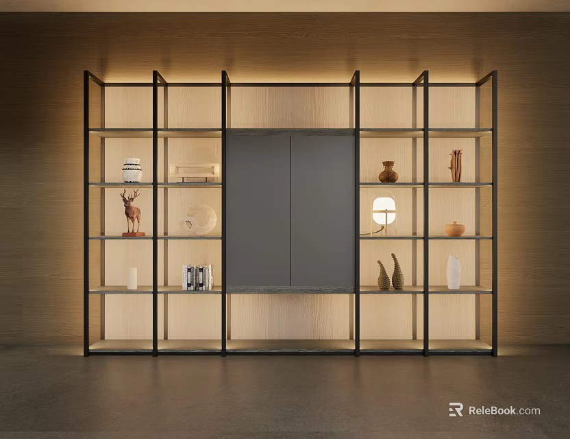 Modern Bookshelf With Metal Frame Grey Cabinet Door Decorative Items And Lighting 3d model 