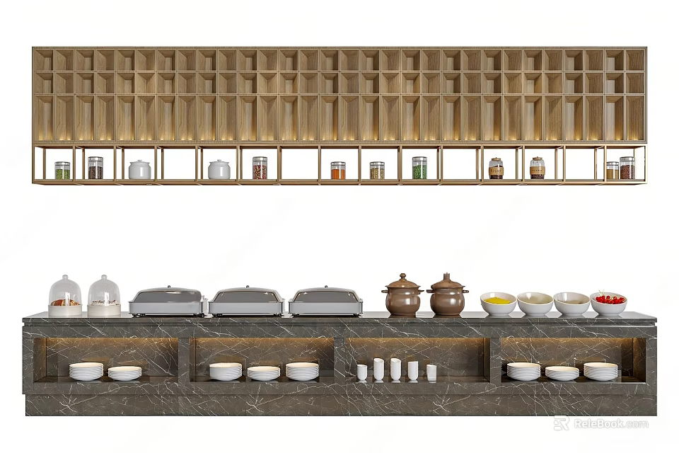 Wooden Shelf Buffet Station With Jars Chafing Dishes Clay Pots And Bowls 3d model 