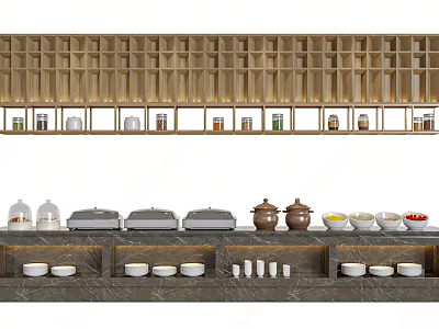 Wooden Shelf Buffet Station With Jars Chafing Dishes Clay Pots And Bowls 3d model