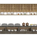 Wooden Shelf Buffet Station With Jars Chafing Dishes Clay Pots And Bowls