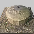 Round Stone Mill Structure On Square Base With Dirt And Weeds Around 3d model