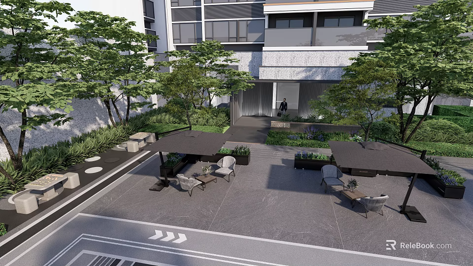 Modern Residential Landscape Featuring Courtyard Area Trees Outdoor Seating And Shade Structures 3d model 