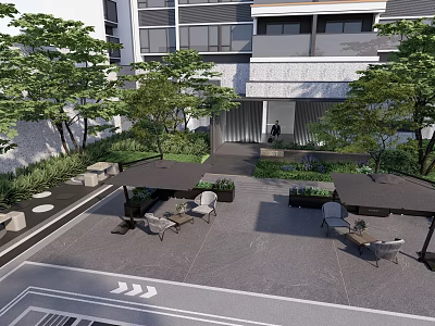 Modern Residential Landscape Featuring Courtyard Area Trees Outdoor Seating And Shade Structures 3d model