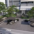 Modern Residential Landscape Featuring Courtyard Area Trees Outdoor Seating And Shade Structures