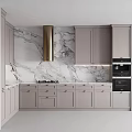 Elegant Modern Kitchen Interior With Marble Backsplash Grey Cabinets And Gold Accents