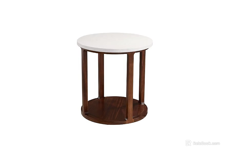 Round White Top Side Table With Wooden Walnut Legs And Circular Base 3d model