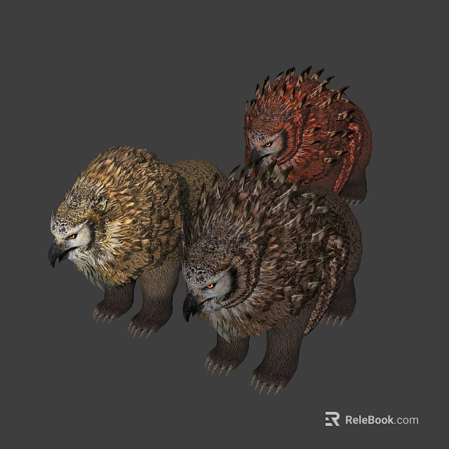 Three Fantasy Creature Characters With Spiked Manes And Varied Textured Fur 3d model 