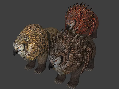 Three Fantasy Creature Characters With Spiked Manes And Varied Textured Fur 3d model
