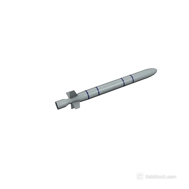 Military Missile 3D Model With Cylindrical Body Blue Stripes And Tail Fins Design 3d model 