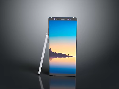 Modern Sleek Smartphone With Stylus Pen And Scenic Wallpaper On Black Background 3d model