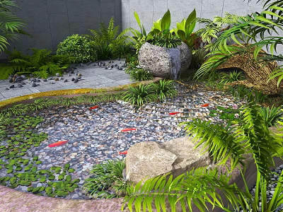 Peaceful Water Fountain Garden with Koi Fish Pebbles Water Lilies Green Plants and Rocks 3d model