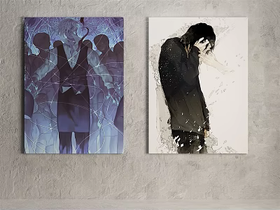 Figure Paintings With Multiple Silhouette Figures And Single Black Clad Figure On Wall 3d model