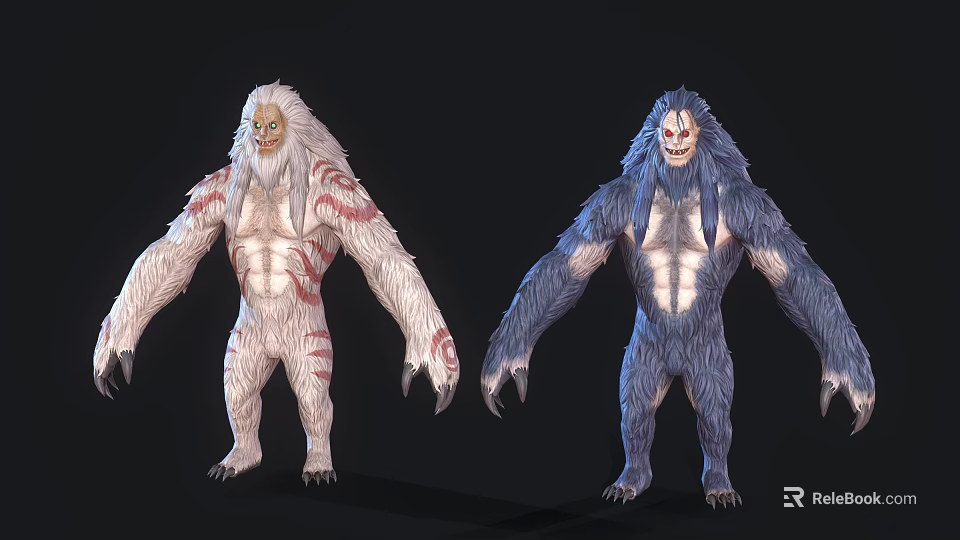 Game And Movie Fantasy Creature Characters White And Blue Furred Muscular Monsters With Red Patterns 3d model 