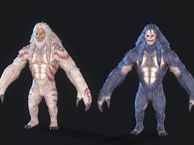Game And Movie Fantasy Creature Characters White And Blue Furred Muscular Monsters With Red Patterns 3d model