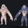 Game And Movie Fantasy Creature Characters White And Blue Furred Muscular Monsters With Red Patterns