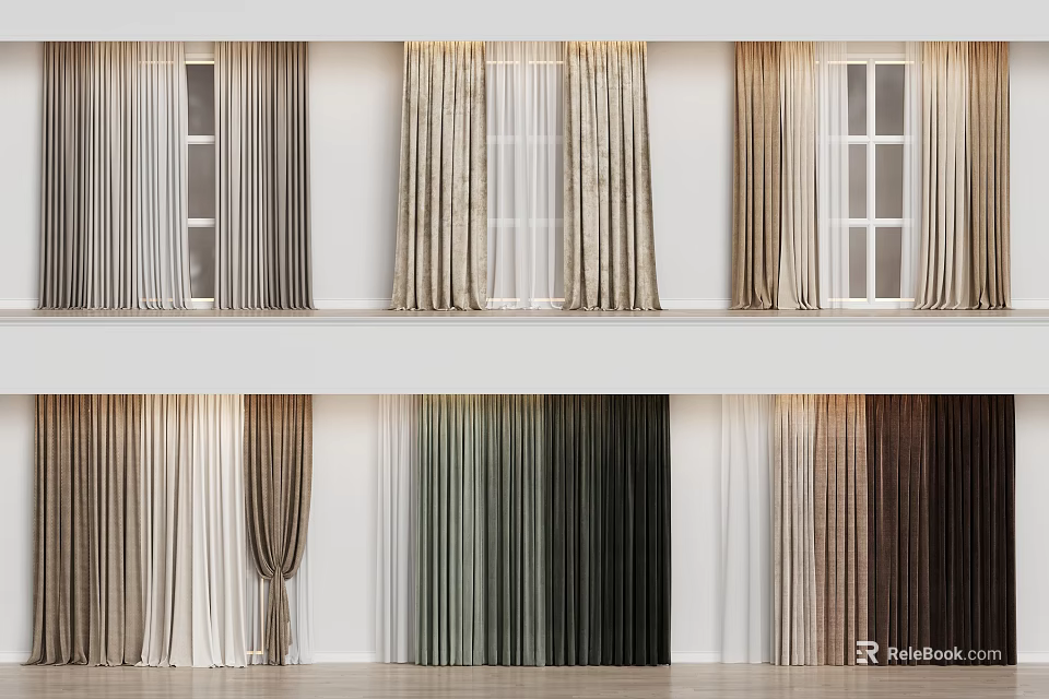 Various Colored Curtains With Different Textures For Home Window Interior Design 3d model 