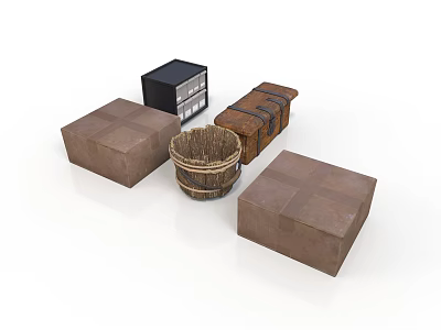 Rustic Storage Furniture With Brown Boxes Black Box Woven Basket And Strapped Chest 3d model