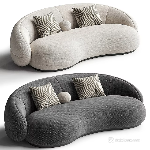 Beige and Gray Curved Multi Seat Sofa with Geometric Pattern Pillows and Round Cushions 3d model 