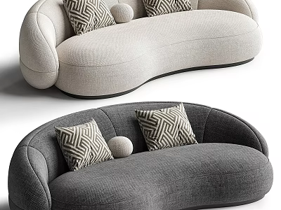 Beige and Gray Curved Multi Seat Sofa with Geometric Pattern Pillows and Round Cushions 3d model