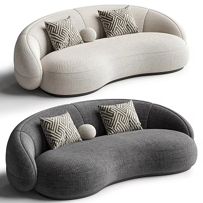Beige and Gray Curved Multi Seat Sofa with Geometric Pattern Pillows and Round Cushions 3d model