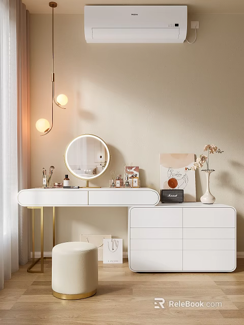 Elegant White Dressing Table with Round Mirror Golden Pendant Lights Makeup Products and Beige Wall 3d model 