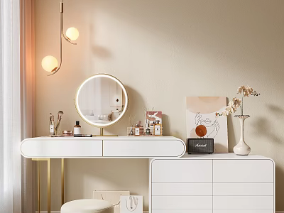 Elegant White Dressing Table with Round Mirror Golden Pendant Lights Makeup Products and Beige Wall 3d model